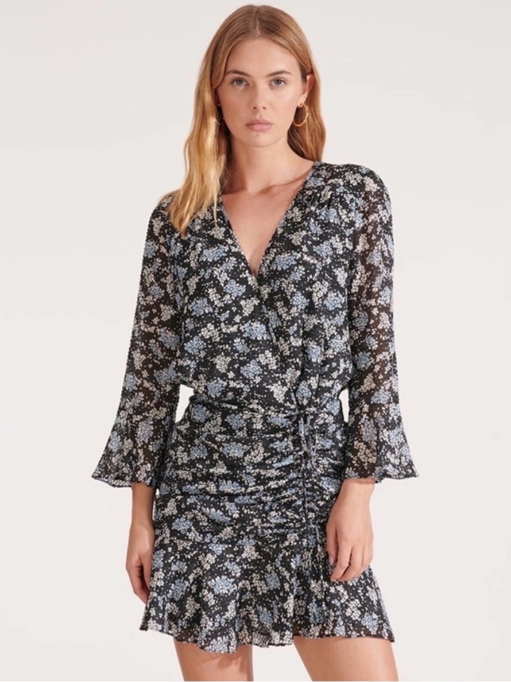 Veronica Beard Sean Silk Floral Print Ruched Mini Black Dress Size 10